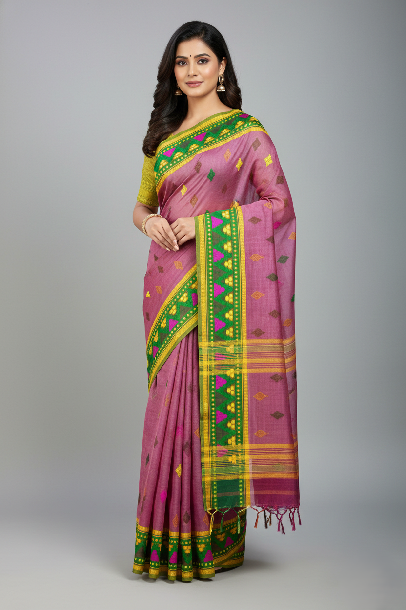 Authentic Assamese Handloom Sador–Mekhela – Pink & Multicolour Motifs