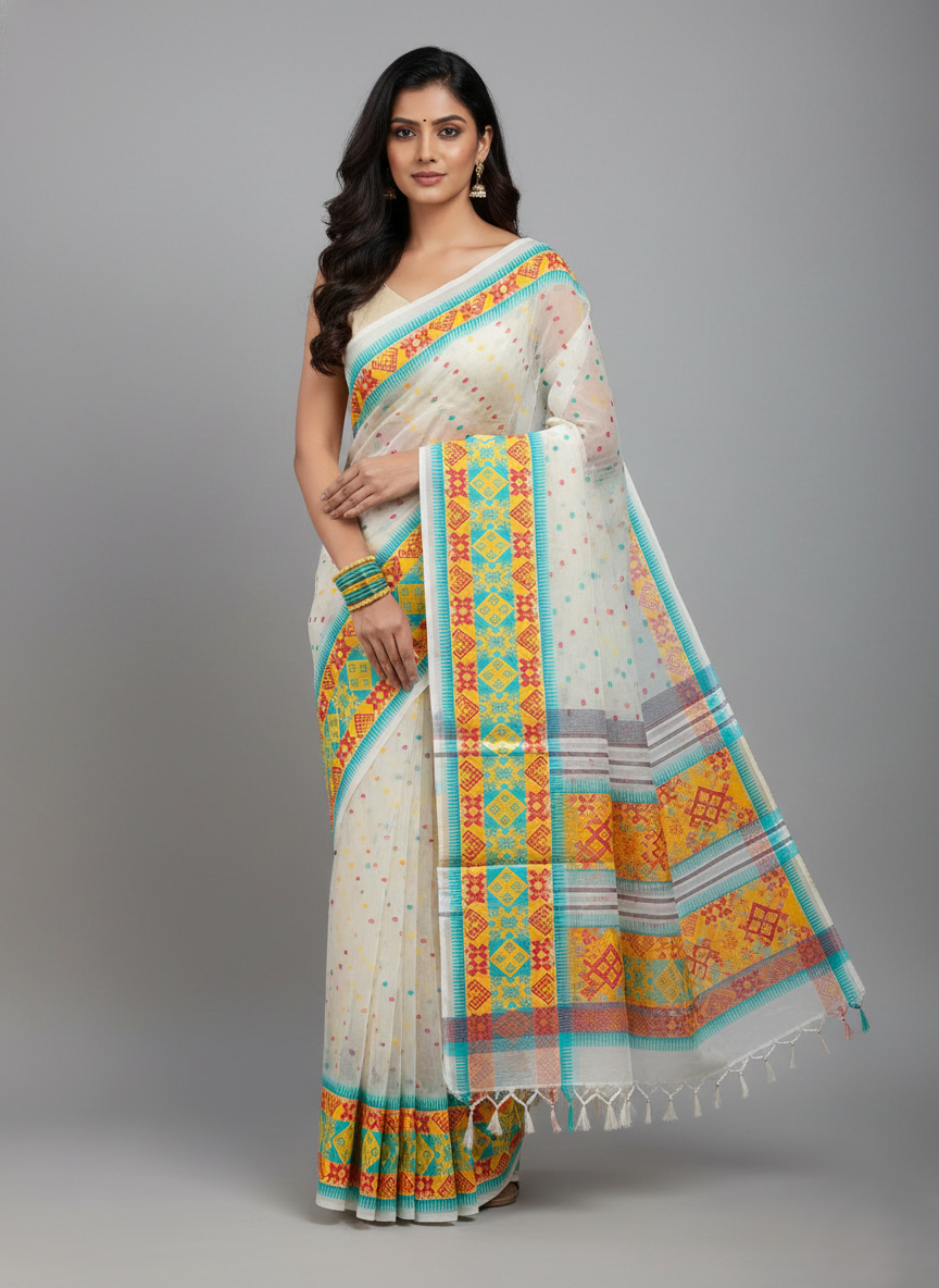 Premium White Sador–Mekhela with Yellow–Turquoise–Red Woven Patterns