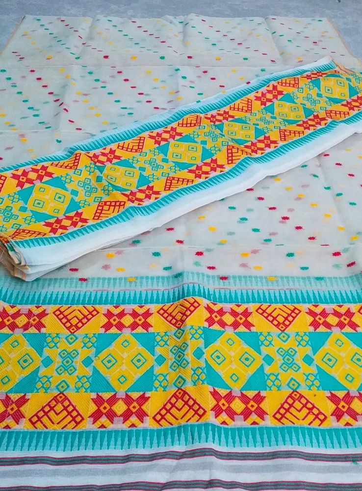Premium White Sador–Mekhela with Yellow–Turquoise–Red Woven Patterns